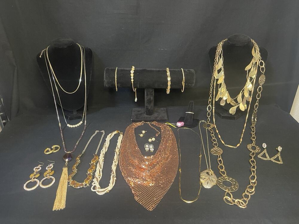 Vintage To Now Gold tone Jewelry Lot Necklace Bracelet Earrings Brooch Ring